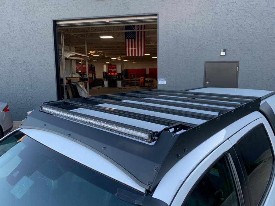 Top view of Economy Roof Rack on a white Toyota Tacoma - Cali Raised LED