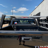 Close-up rear view of black Toyota Tundra with Overland Bed Rack - Cali Raised LED