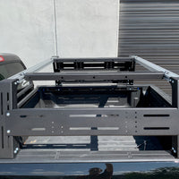 Close-up drivers side view of Overland bed rack - Cali Raised LED