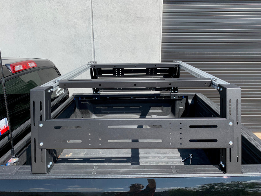 Close-up drivers side view of Overland bed rack - Cali Raised LED
